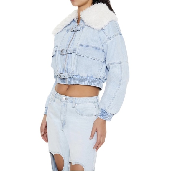 NWT! 0X Light Blue Denim Jacket with White Fur Collar - Picture 5 of 13